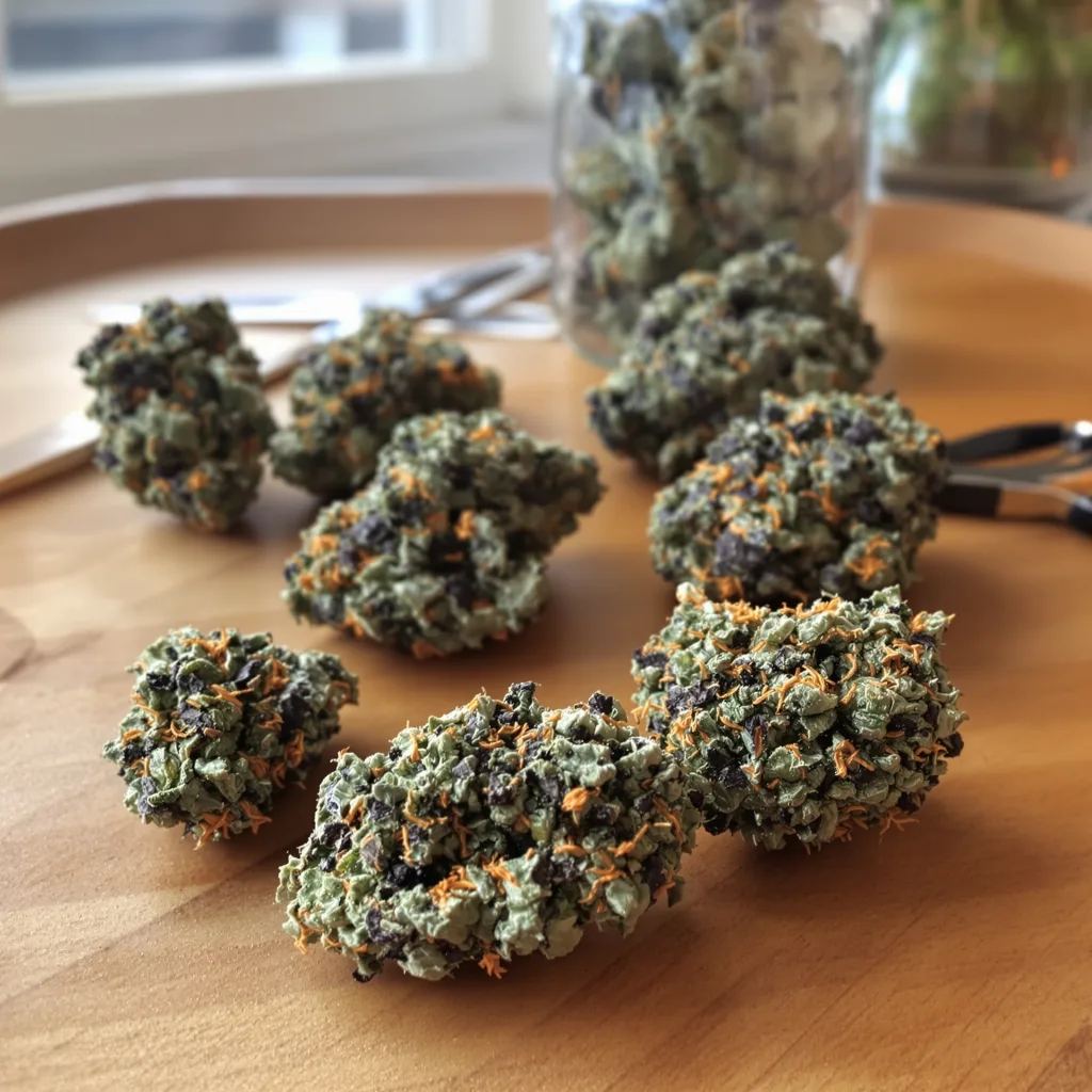 Afghan Skunk 69% indica / 31% sativa flower with visible trichomes