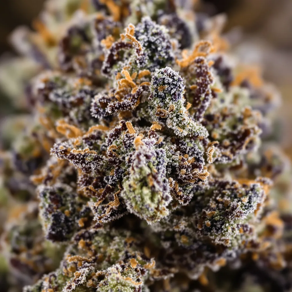 Afghani Bullrider cannabis bud close-up showing dense purple-tinged calyxes