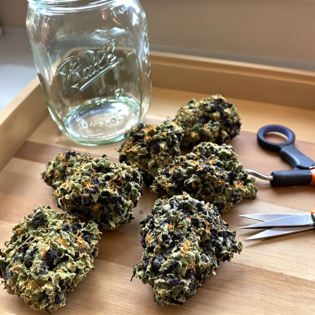 Afghani Bullrider 70% indica / 30% sativa flower with visible trichomes