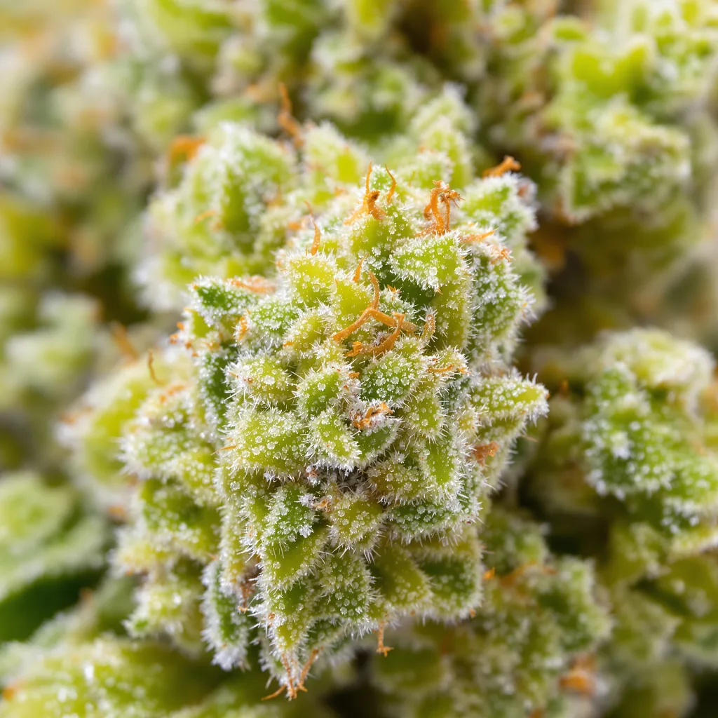 Amherst Diesel cannabis bud close-up showing lime-green airy structure