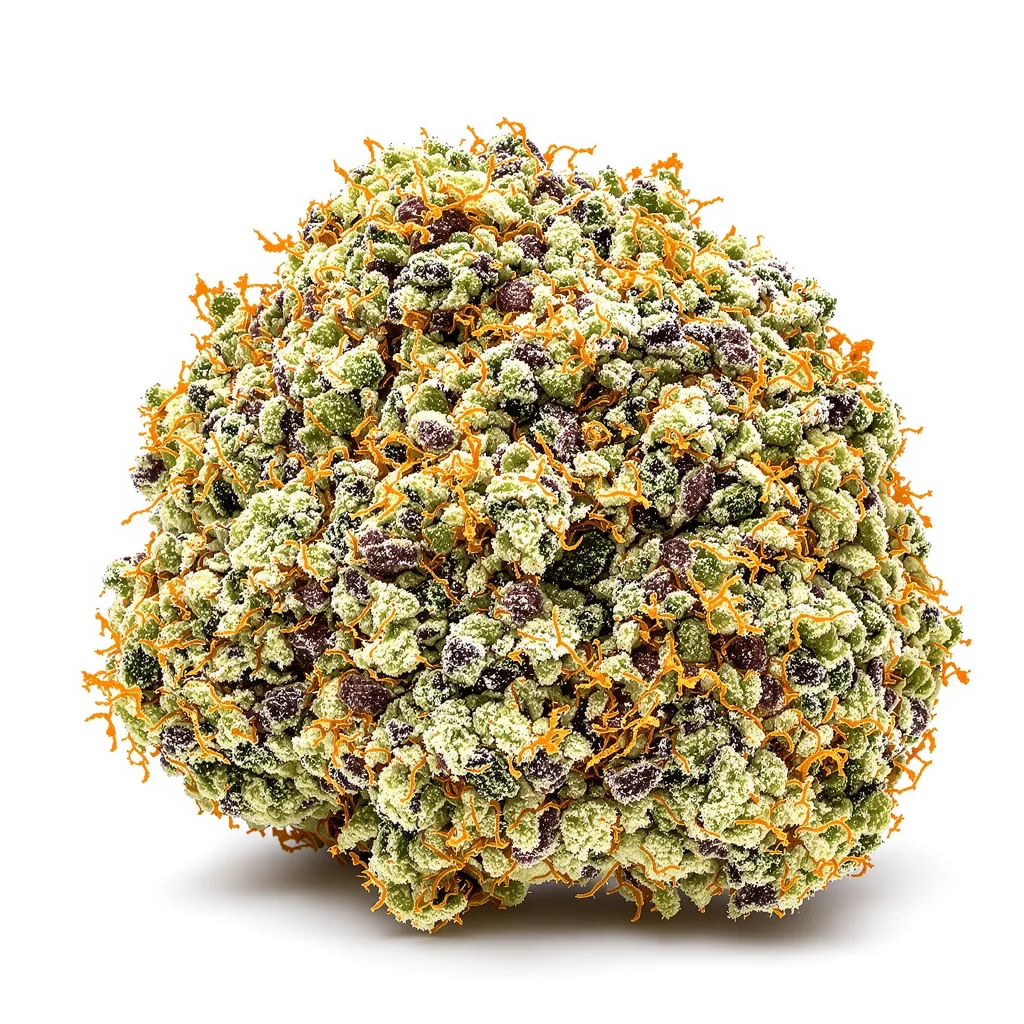 Amnesia Lemon 43% indica / 57% sativa flower with visible trichomes