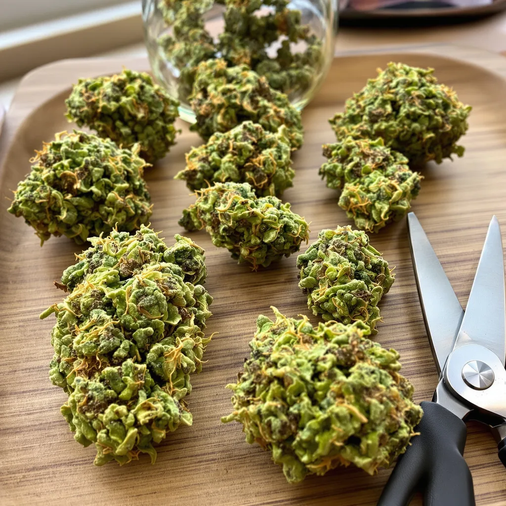 Big Sticky 19% indica / 81% sativa flower with visible trichomes