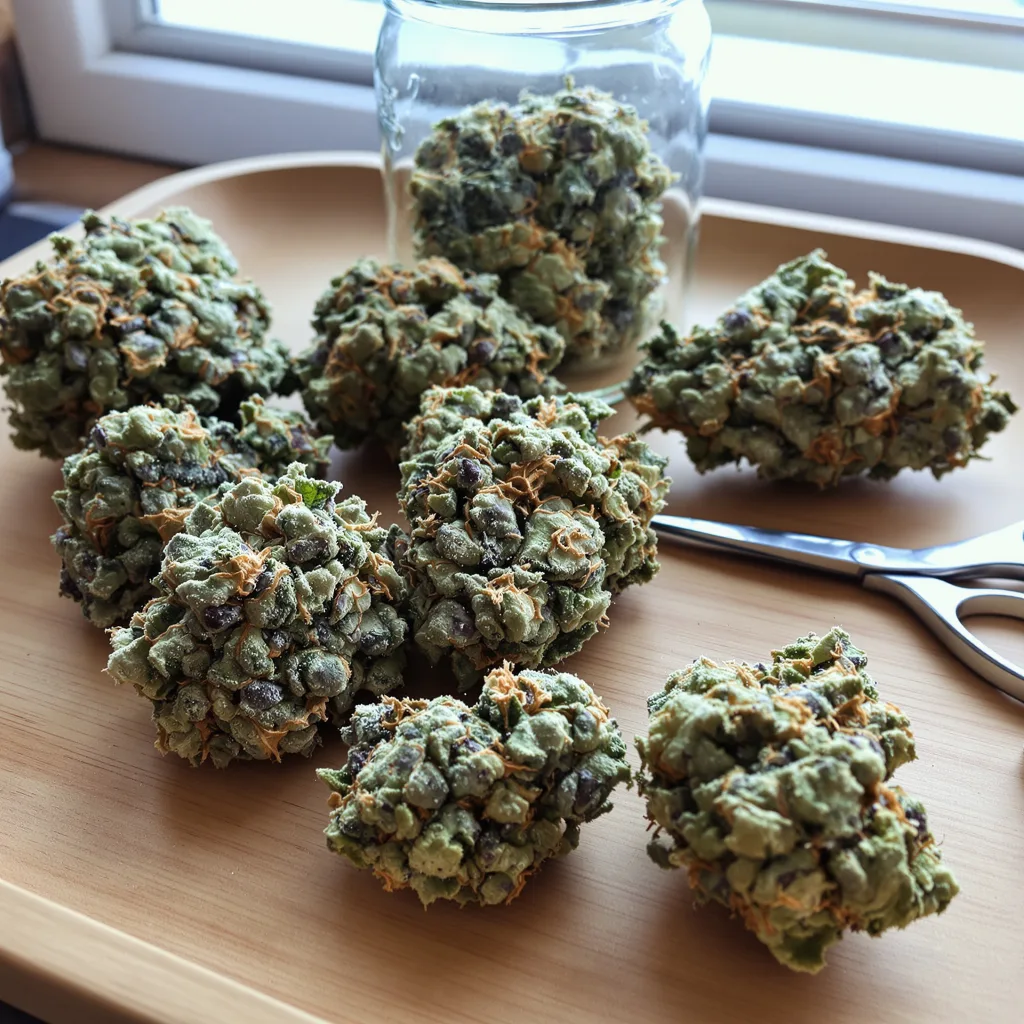 Bio Diesel 42% indica / 58% sativa flower with visible trichomes