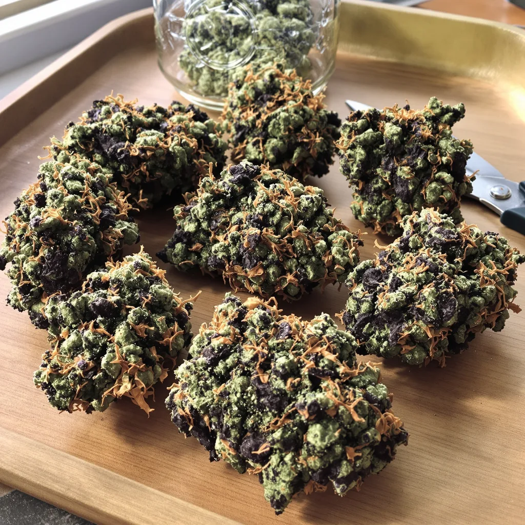 Biscotti 80% indica / 20% sativa flower with visible trichomes