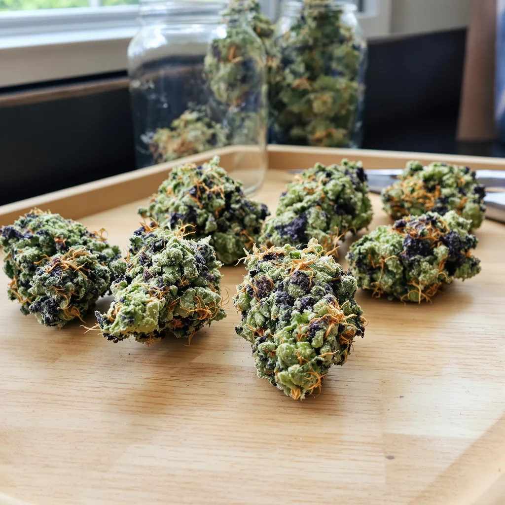 Black Betty 47% indica / 53% sativa flower with visible trichomes