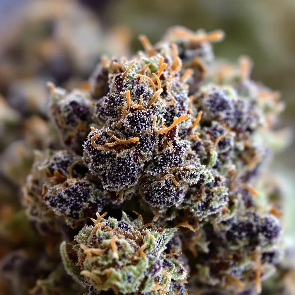 Blackberry Kush cannabis bud close-up showing dense purple-tinged calyxes
