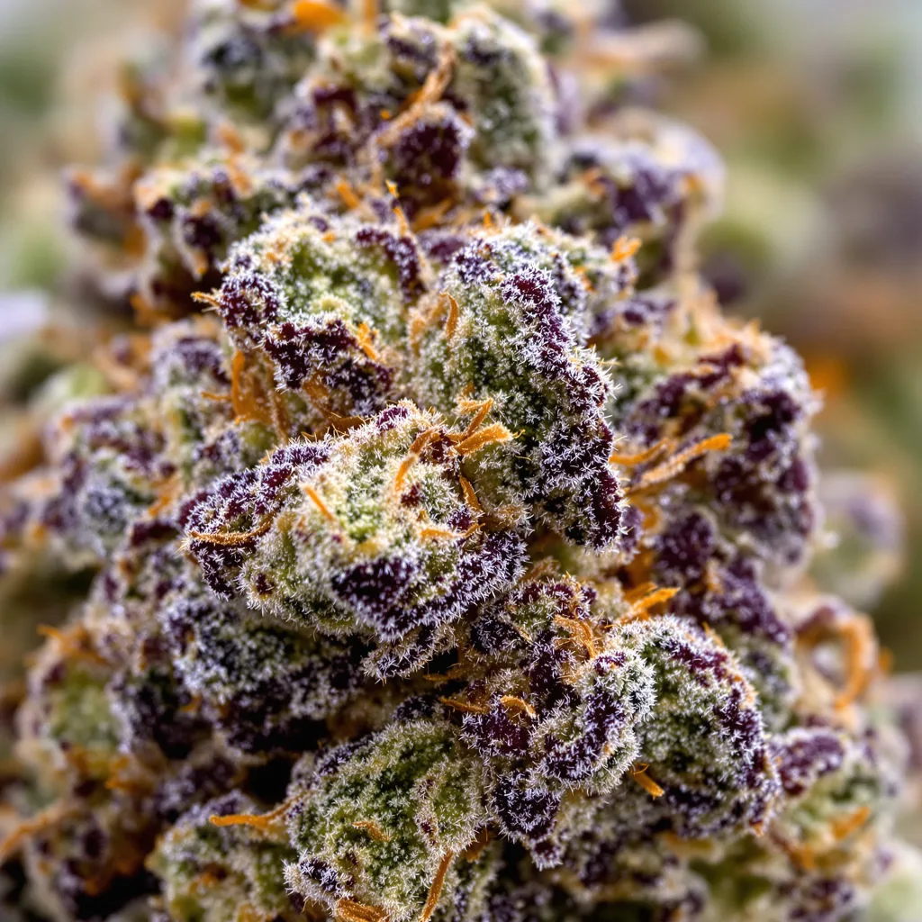 Blackberry Rhino cannabis bud close-up showing dense purple-tinged calyxes