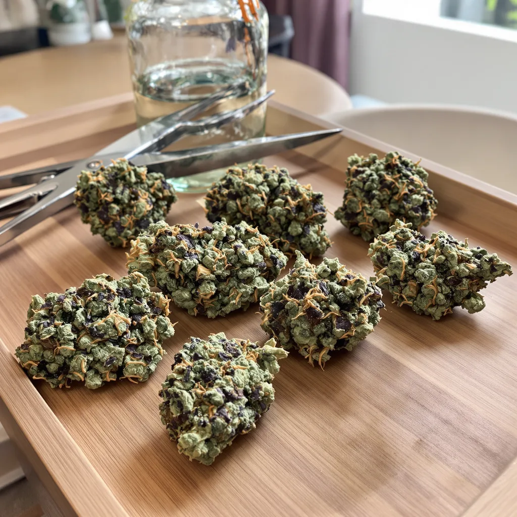 Blue Afghani 74% indica / 26% sativa flower with visible trichomes