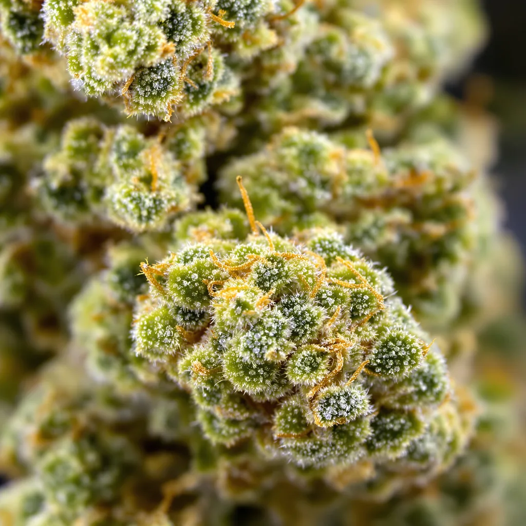 Blue Cinex cannabis bud close-up showing lime-green airy structure