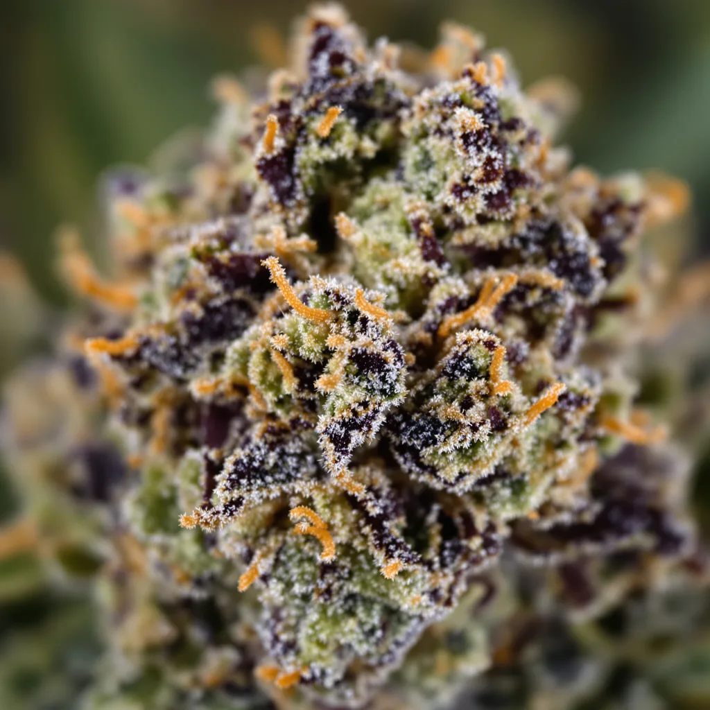 Blue Diesel cannabis bud close-up showing dense purple-tinged calyxes