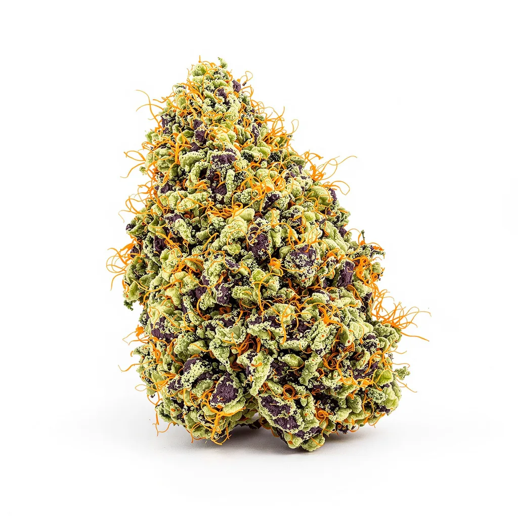 Blue Dynamite 65% indica / 35% sativa flower with visible trichomes