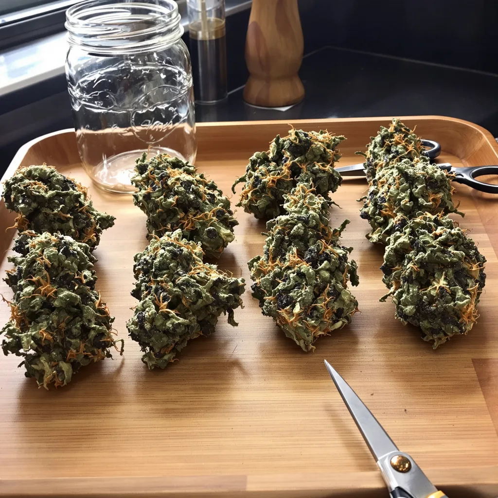 Blue God 67% indica / 33% sativa flower with visible trichomes
