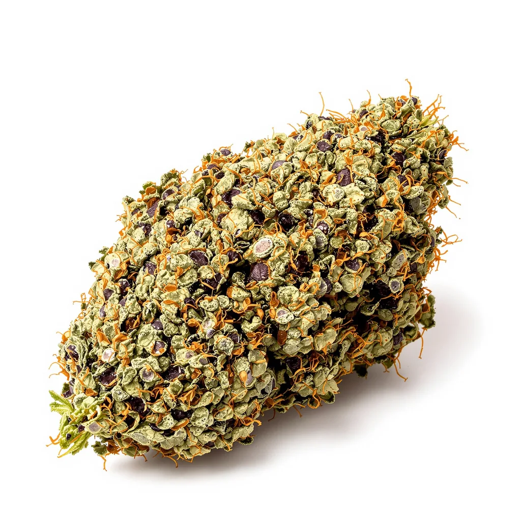 Blue God 67% indica / 33% sativa flower with visible trichomes