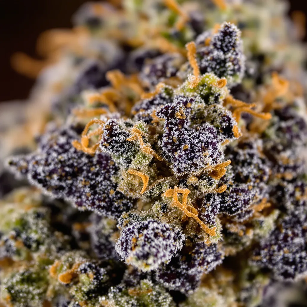 Blue Jack City cannabis bud close-up showing dense purple-tinged calyxes