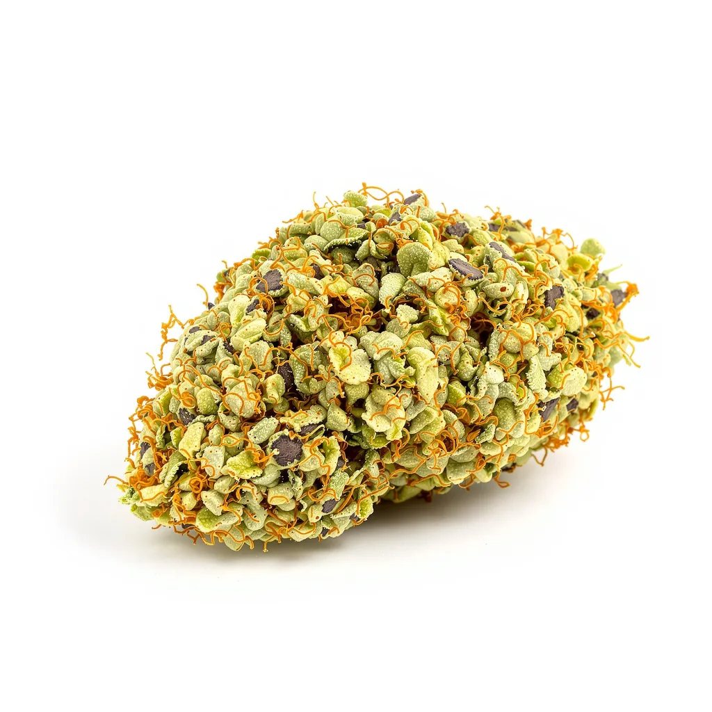 Blue Kiss 12% indica / 88% sativa flower with visible trichomes