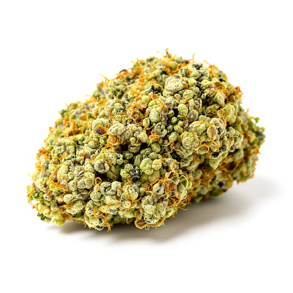 Blue Kiss 12% indica / 88% sativa flower with visible trichomes