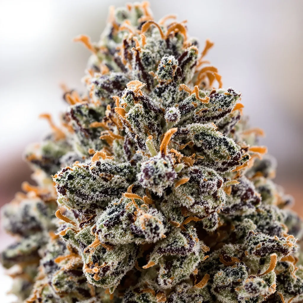 Blue Knight cannabis bud close-up showing dense purple-tinged calyxes