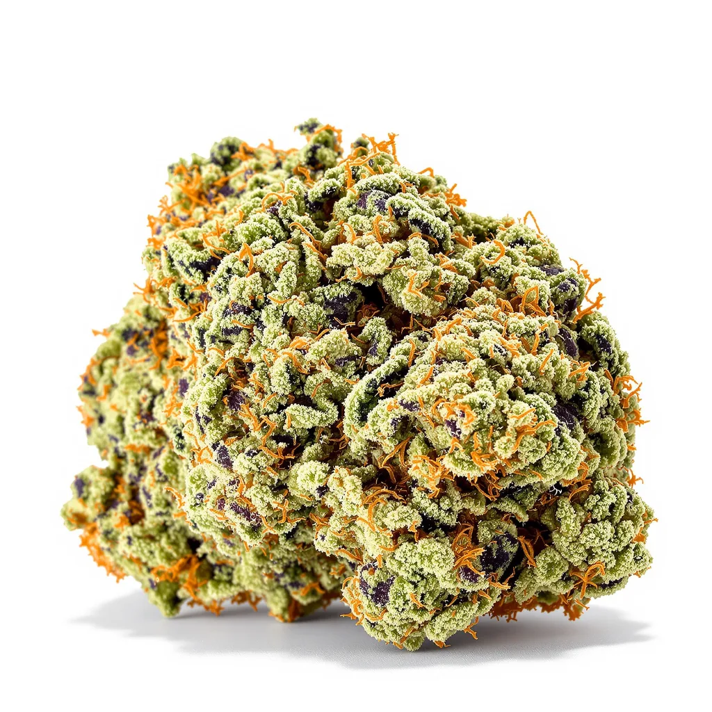 Blue Lyly 54% indica / 46% sativa flower with visible trichomes