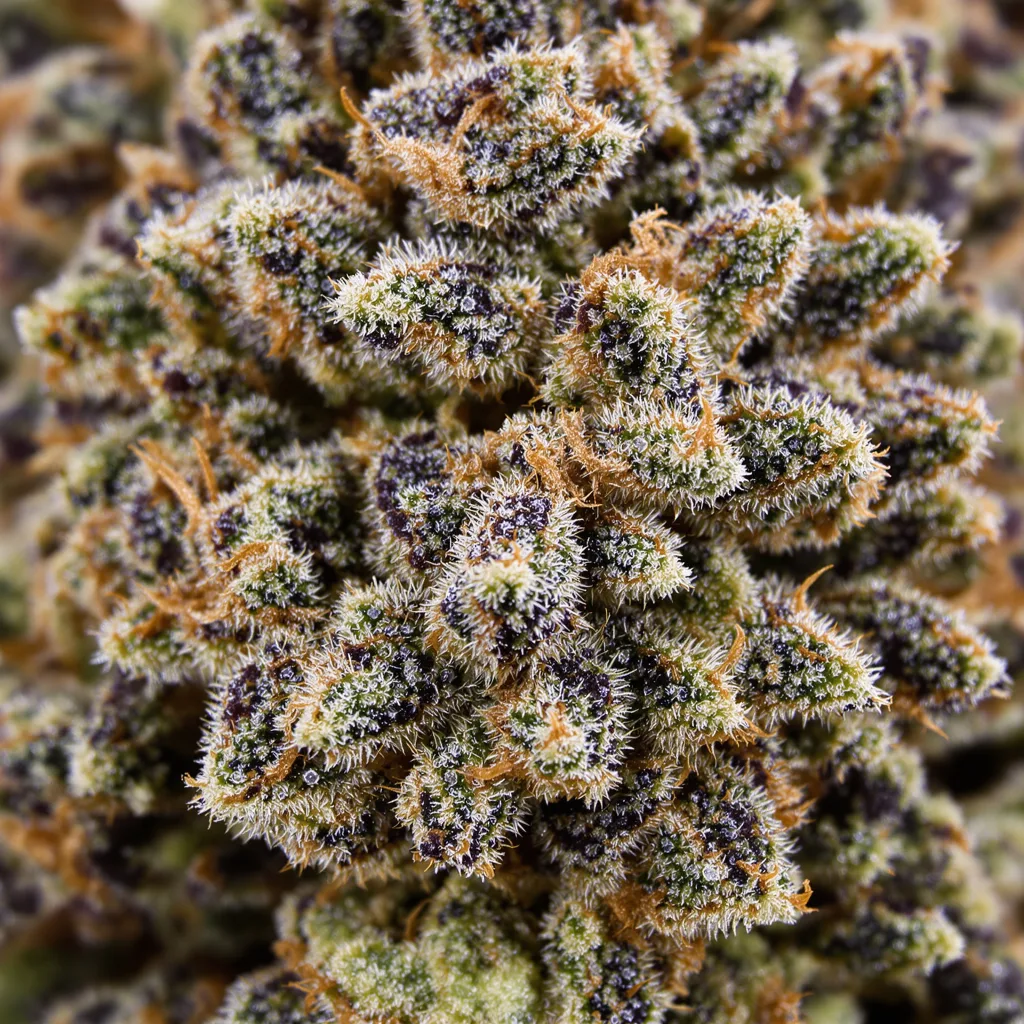 Blue Magoo cannabis bud close-up showing dense purple-tinged calyxes