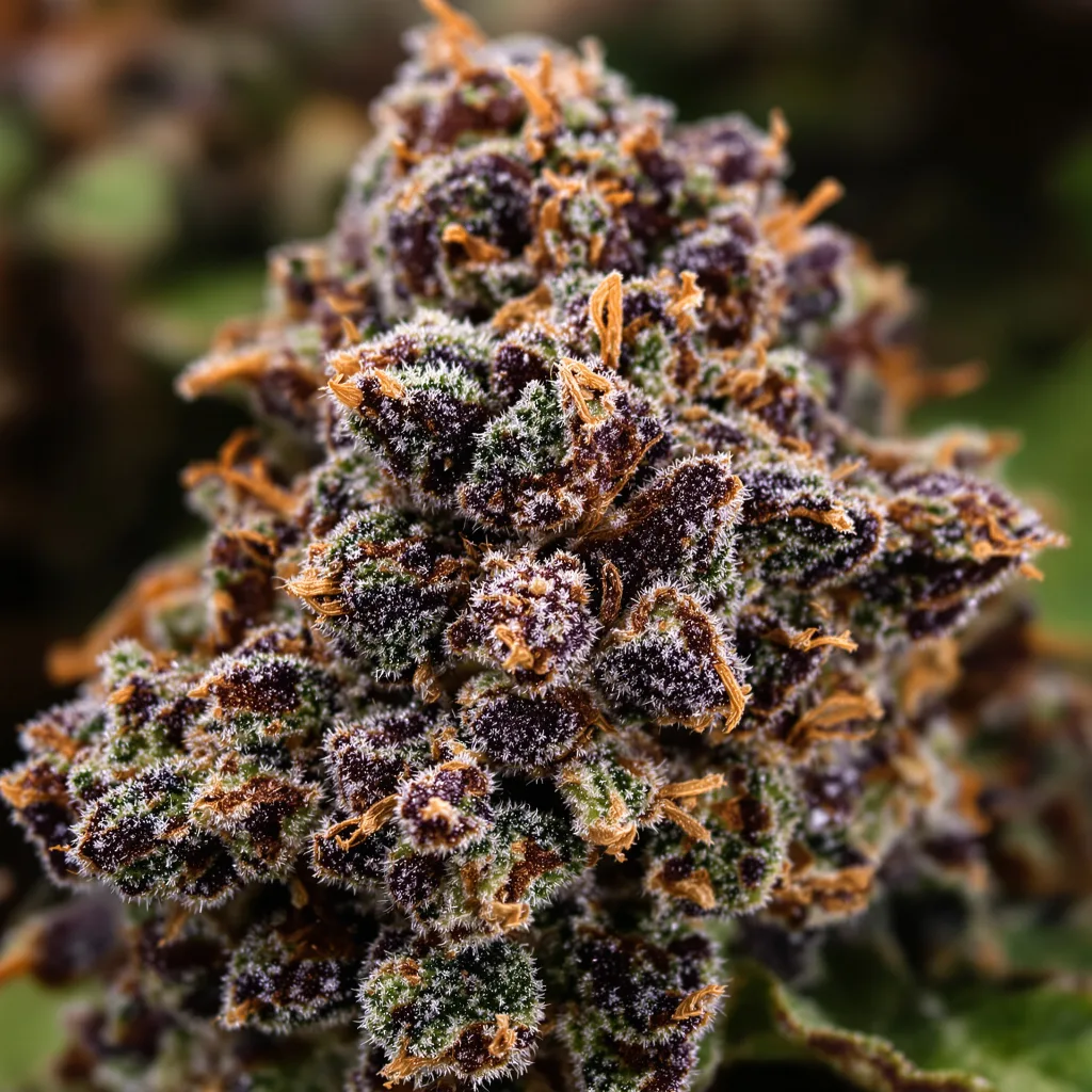 Blue Mystic cannabis bud close-up showing dense purple-tinged calyxes