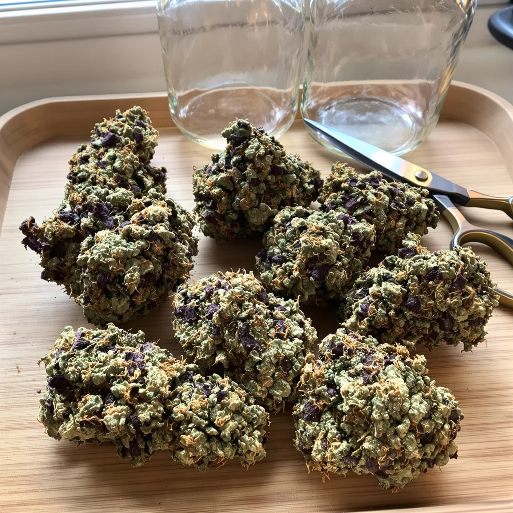 Blueberry Gusto 75% indica / 25% sativa flower with visible trichomes