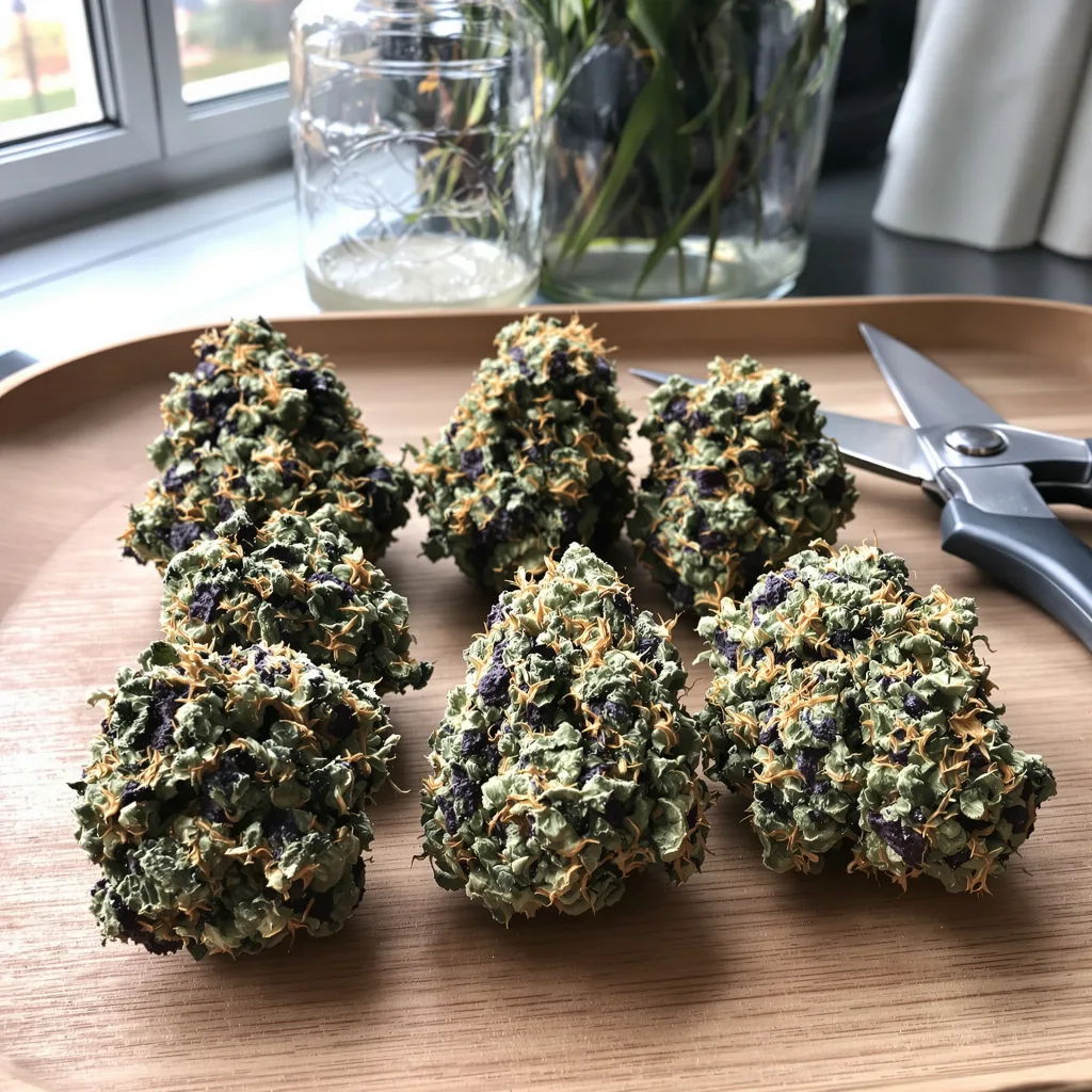 Blueberry Skunk 75% indica / 25% sativa flower with visible trichomes