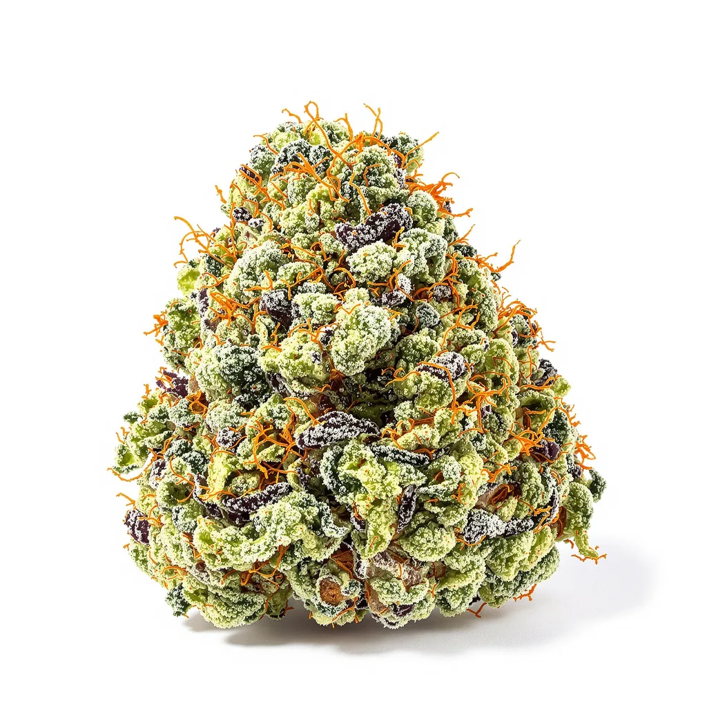 Blueberry Yum Yum 38% indica / 62% sativa flower with visible trichomes