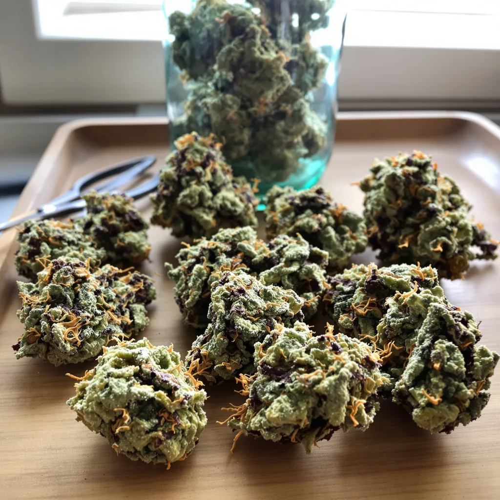 Bubbleberry 56% indica / 44% sativa flower with visible trichomes