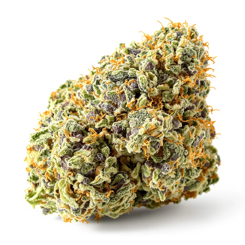 Bubbleberry 56% indica / 44% sativa flower with visible trichomes