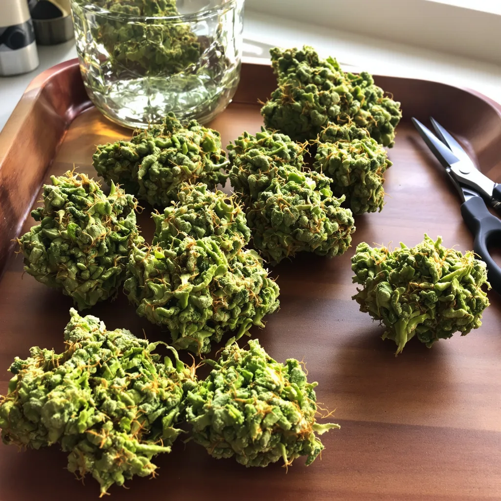 California Love 30% indica / 70% sativa flower with visible trichomes
