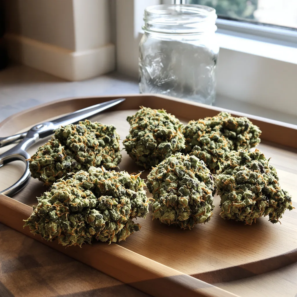 Cannalope Kush 28% indica / 72% sativa flower with visible trichomes