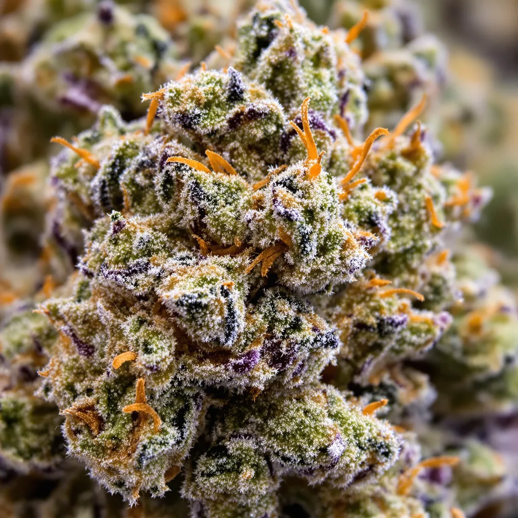 Cannalope Kush cannabis bud close-up showing open-bud structure with orange pistils