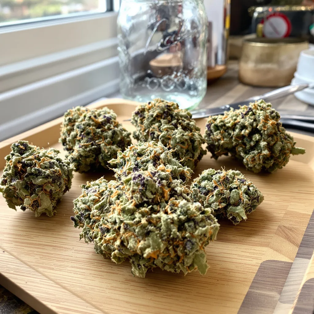 Champagne Kush 50% indica / 50% sativa flower with visible trichomes