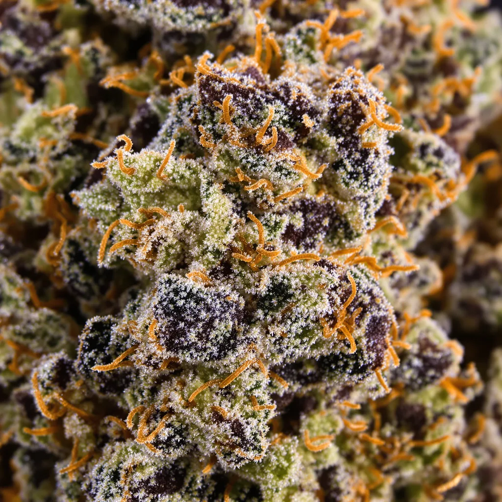 Chem Scout cannabis bud close-up showing dense purple-tinged calyxes