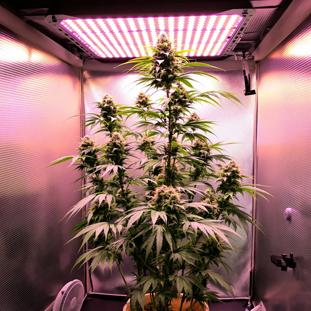 Cinderella 99 cannabis plant in flowering stage — ~122 cm (122 cm) finished when flipped at 46 cm feminised