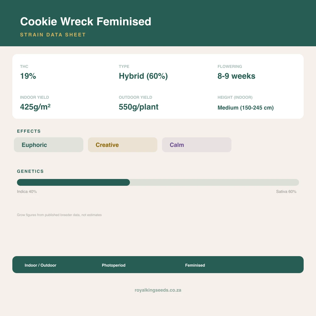 Cookie Wreck 40% indica / 60% sativa flower with visible trichomes
