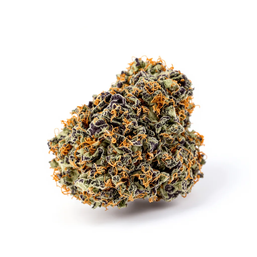 Cream 76% indica / 24% sativa flower with visible trichomes
