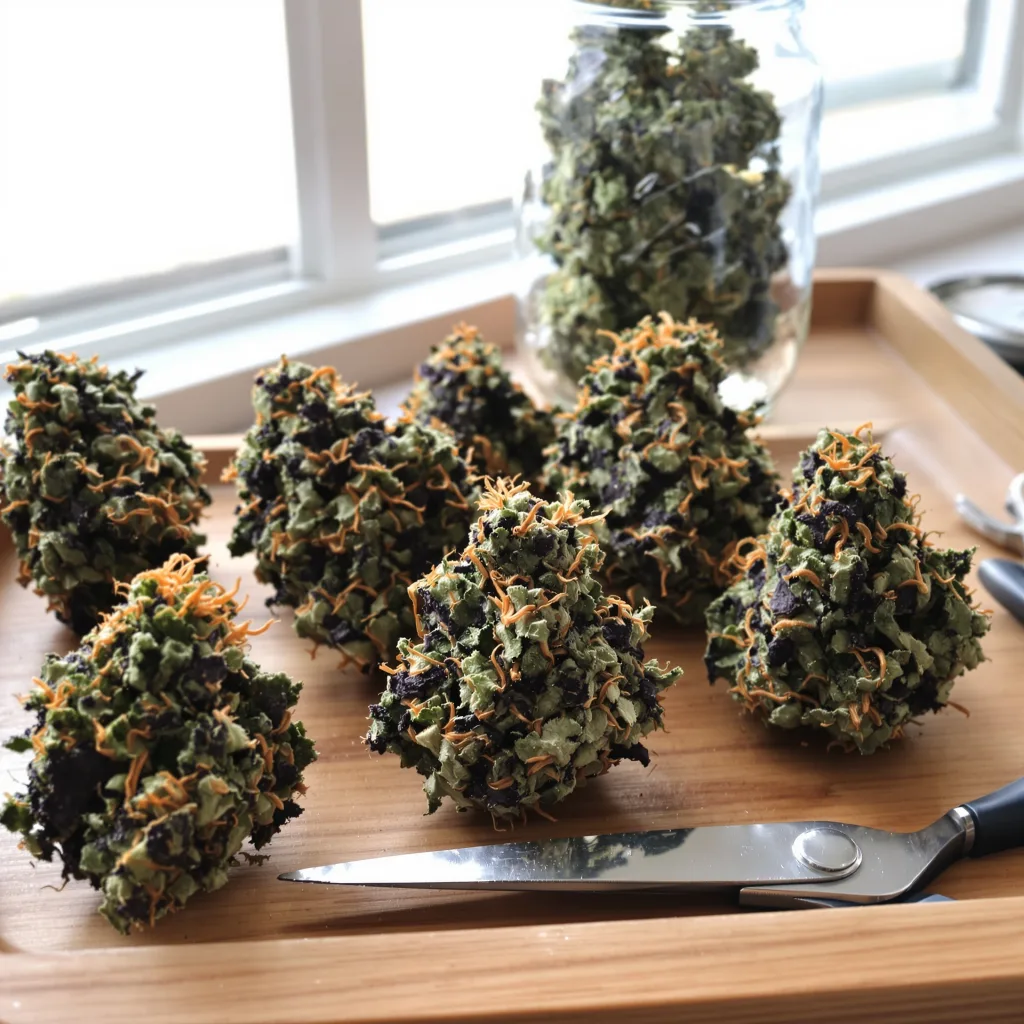 Cream Caramel 87% indica / 13% sativa flower with visible trichomes