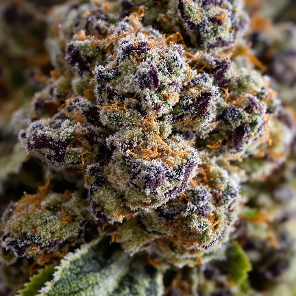 Critical Bilbo cannabis bud close-up showing dense purple-tinged calyxes