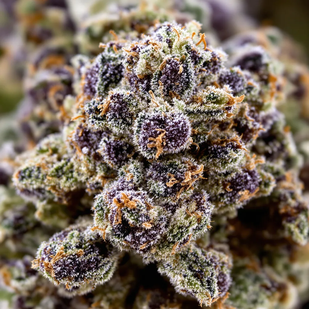 Critical Purple cannabis bud close-up showing dense purple-tinged calyxes