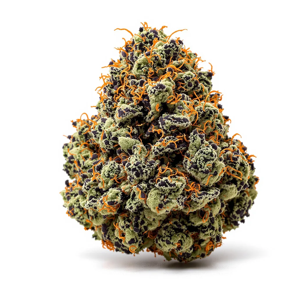 Critical Purple 70% indica / 30% sativa flower with visible trichomes