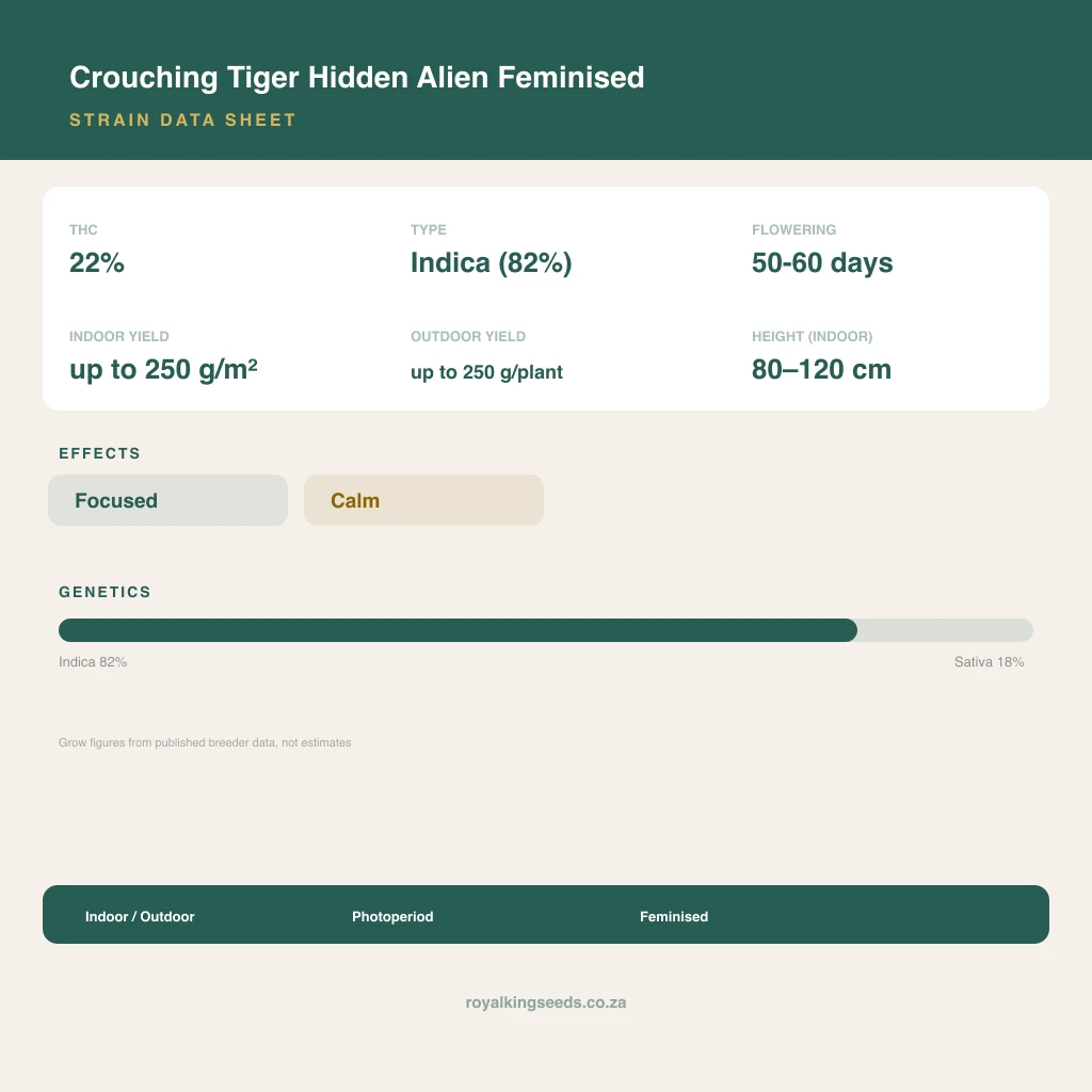 Crouching Tiger Hidden Alien 82% indica / 18% sativa flower with visible trichomes