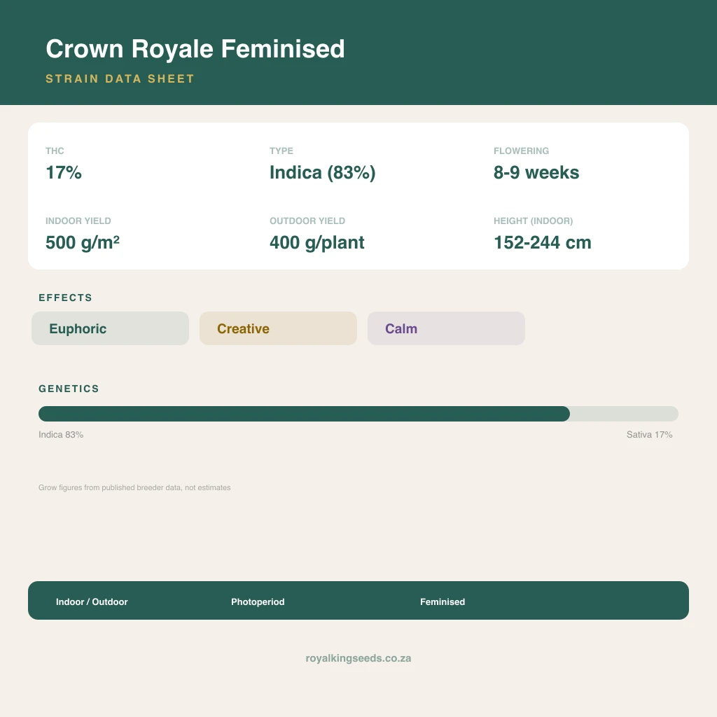 Crown Royale 83% indica / 17% sativa flower with visible trichomes