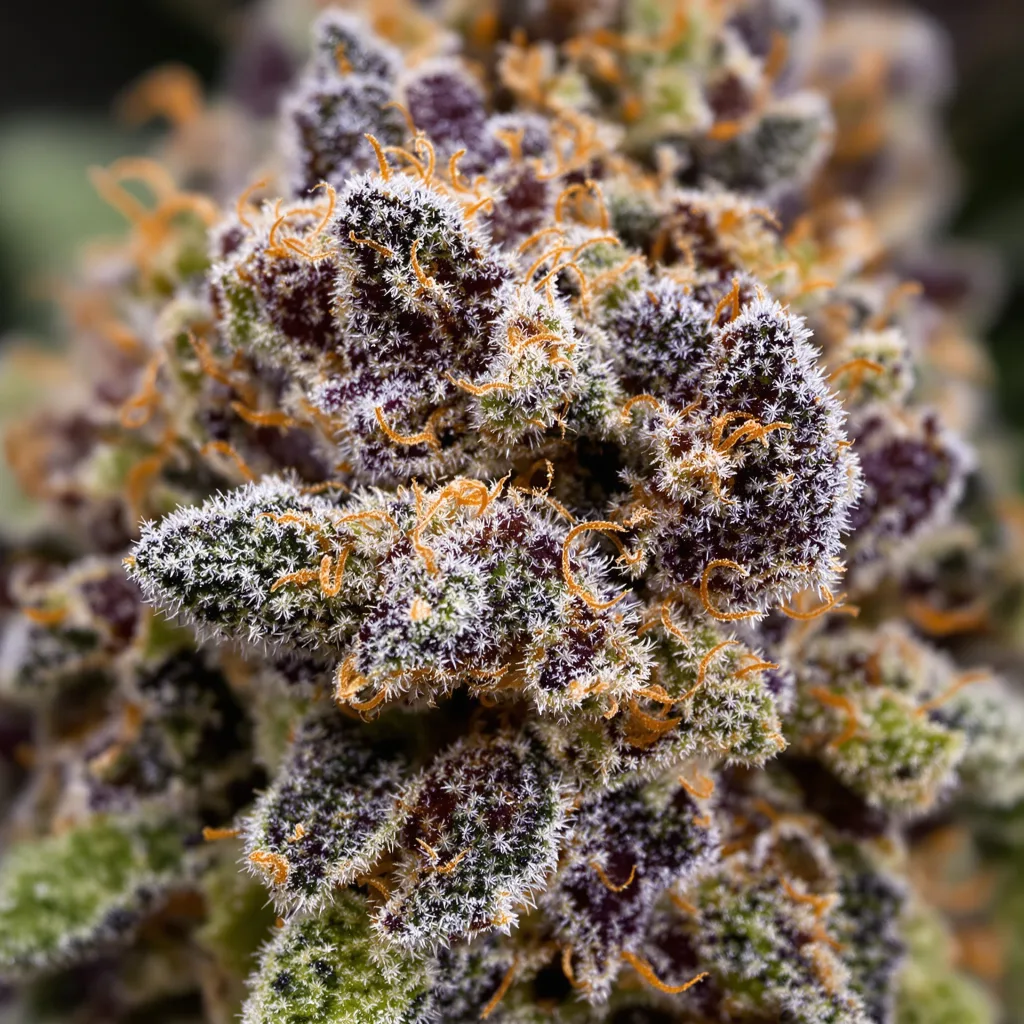 Dark Side of the Moon cannabis bud close-up showing dense purple-tinged calyxes