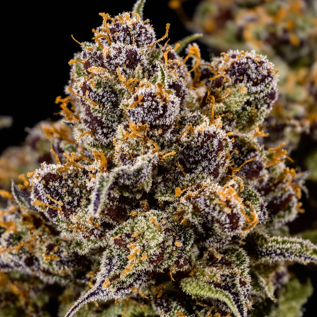 Dawgfather OG cannabis bud close-up showing dense purple-tinged calyxes