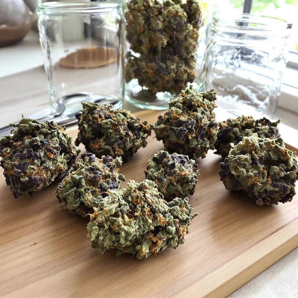Deep Purple 78% indica / 22% sativa flower with visible trichomes