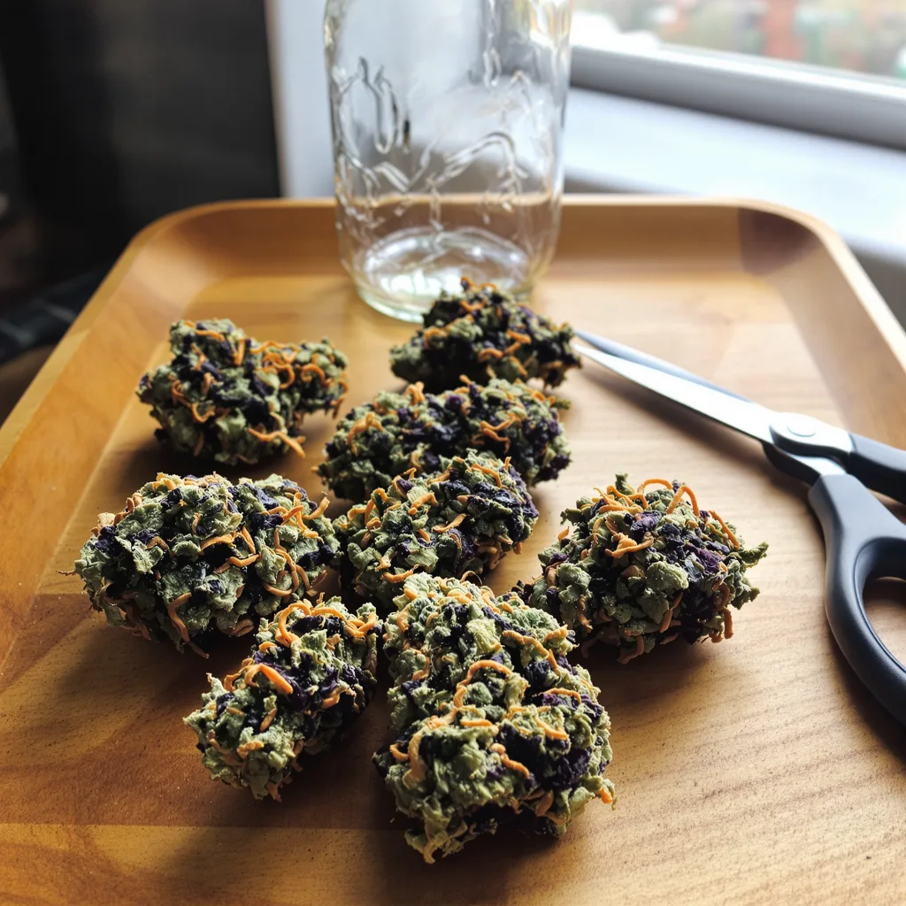 Deep Purple 78% indica / 22% sativa flower with visible trichomes