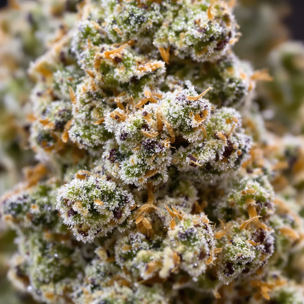 Diamond Valley Kush cannabis bud close-up showing balanced bud structure with frosted trichomes