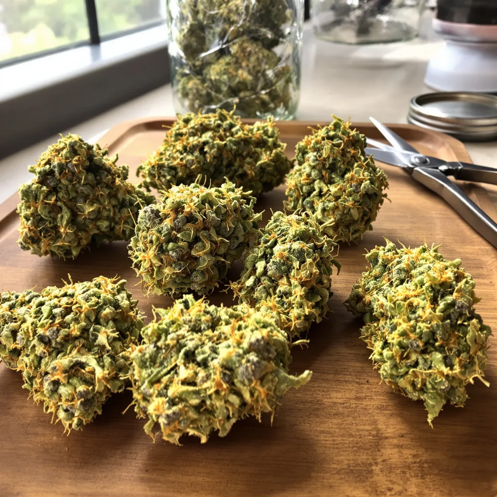 Diesel Duff 21% indica / 79% sativa flower with visible trichomes