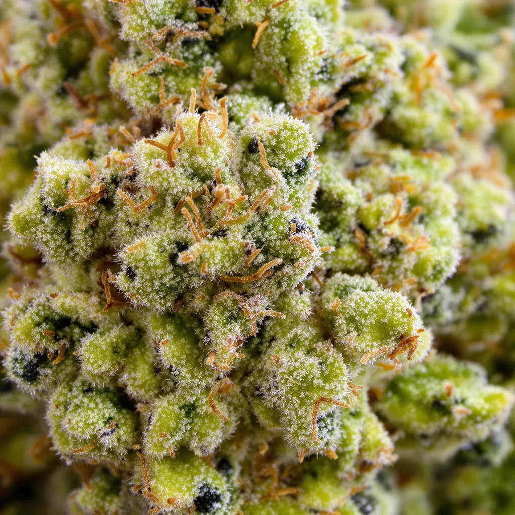 Diesel Duff cannabis bud close-up showing lime-green airy structure